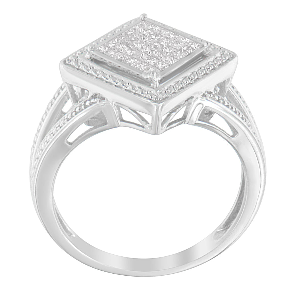 .925 Sterling Silver 1/3 Cttw Invisible Set Princess-Cut Diamond Rhombus and Beaded Halo Ring (H-I Color, SI1-SI2 Clarity) - Ring Size 7