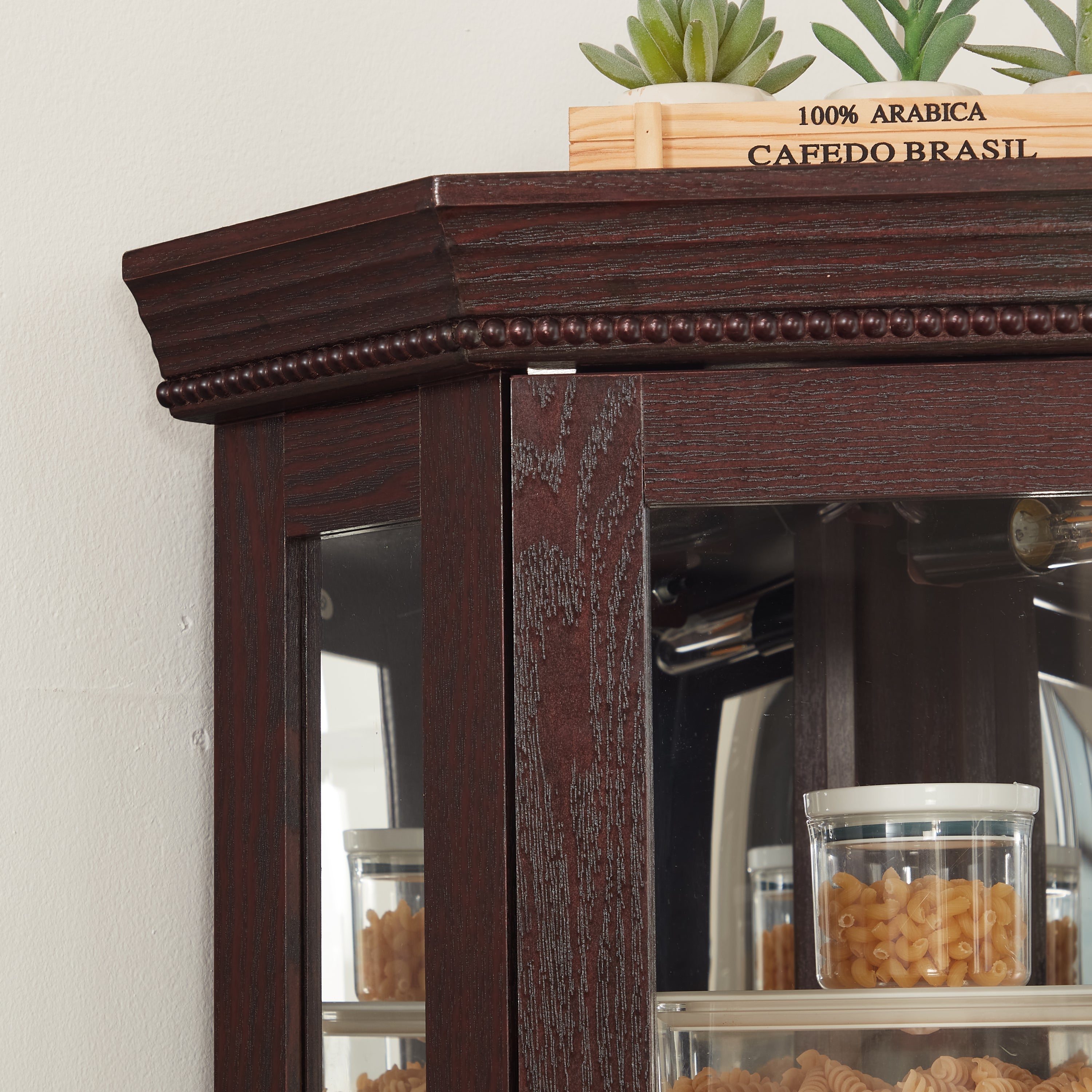 Lighted Corner Curio Cabinet - Glass Display Shelf with Tempered Glass Doors, Adjustable Shelving, and Included Bead Bulb - Ideal Bar Cabinet for Home Decor- DARK CHERRY