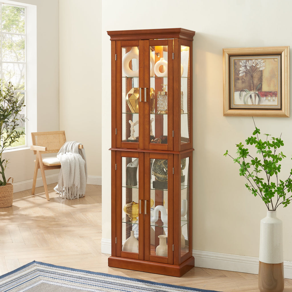 Lighted Curio Cabinet with Adjustable Shelves, Mirrored Back, and Tempered Glass Doors, 6-Tier Walnut Finish
