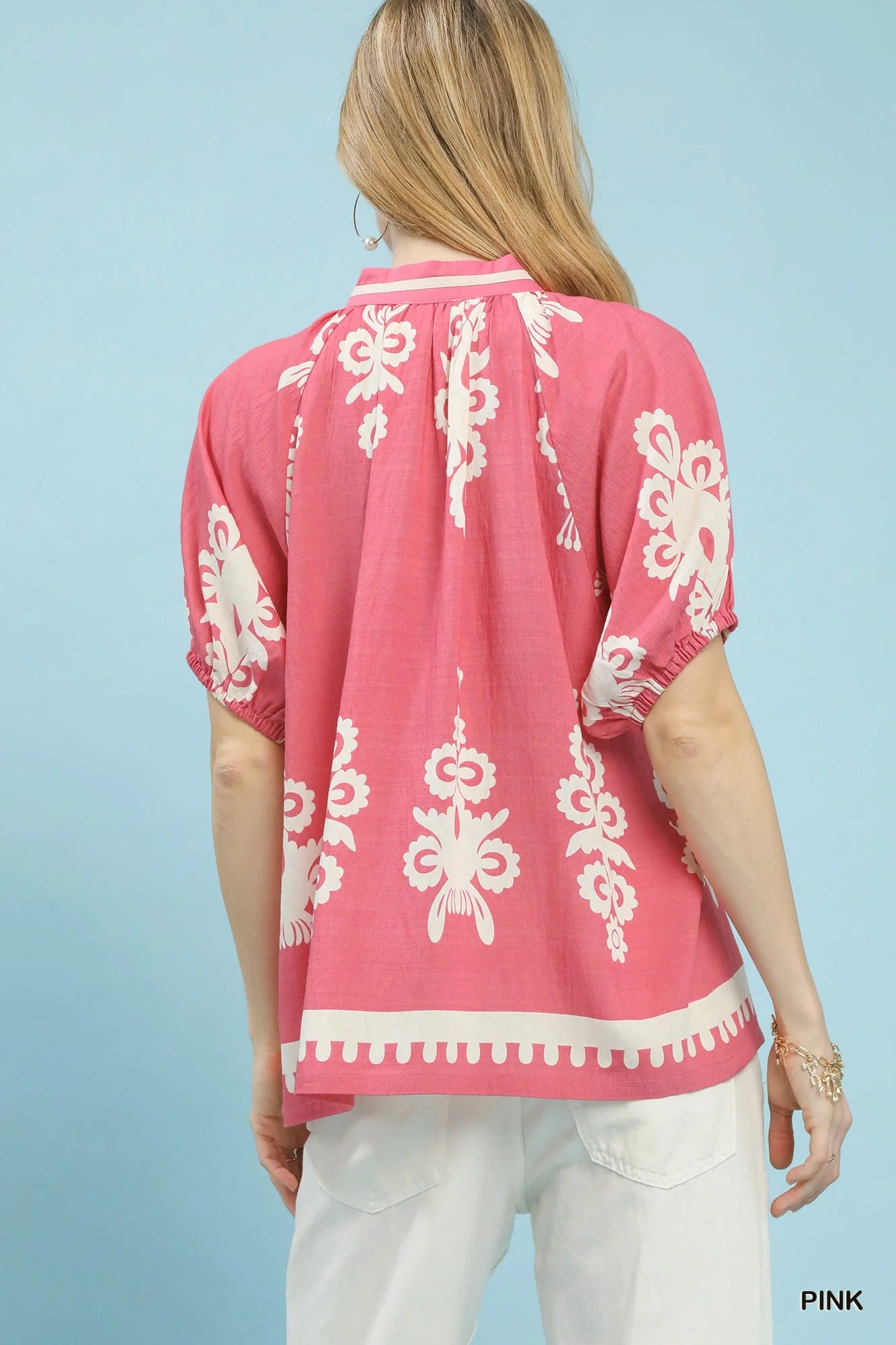 Umgee Boho Print Split-Neck Short Sleeve Top
