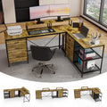 Industrial L-Shaped Computer Desk with Power Outlets & USB-C, Rustic Brown Metal Frame, 6 Fabric Drawers, 3 Open Shelves, Movable Monitor Stands, 114 Inch Corner Office Desk for Gaming and Work