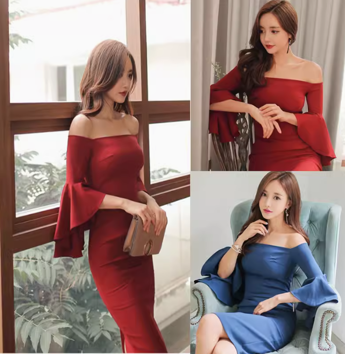 2020 New Sexy Off-Shoulder Dress with Flare Sleeves