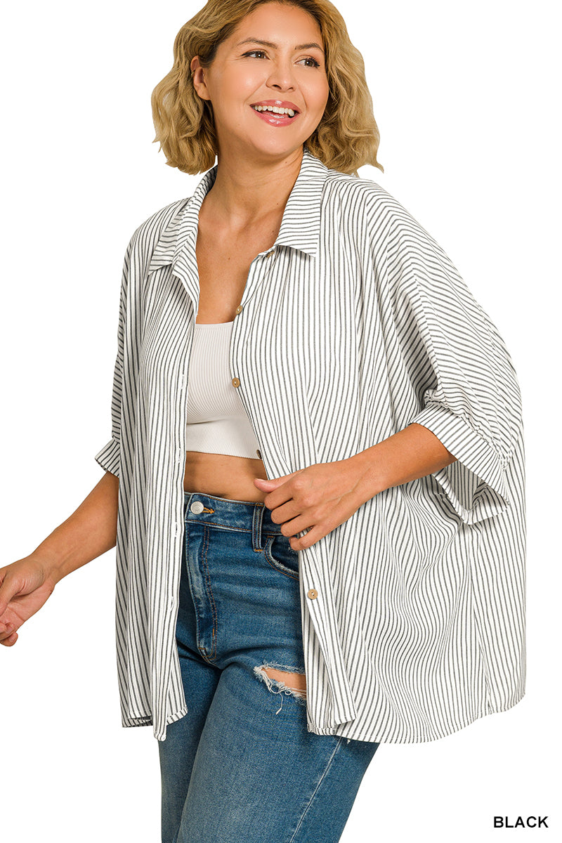 Zenana Full Size Woven Stripe Button Down Boxy Shirt Plus Size