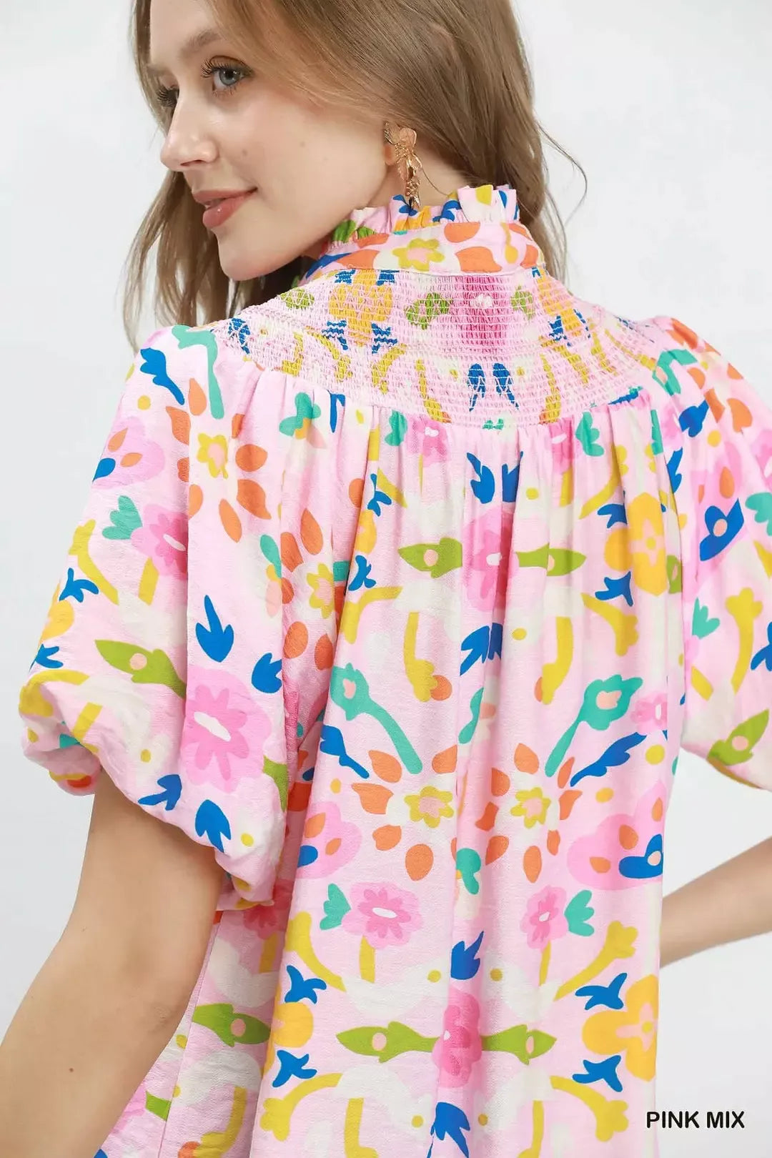 Umgee Folk Art Print Top with Smocked Detail