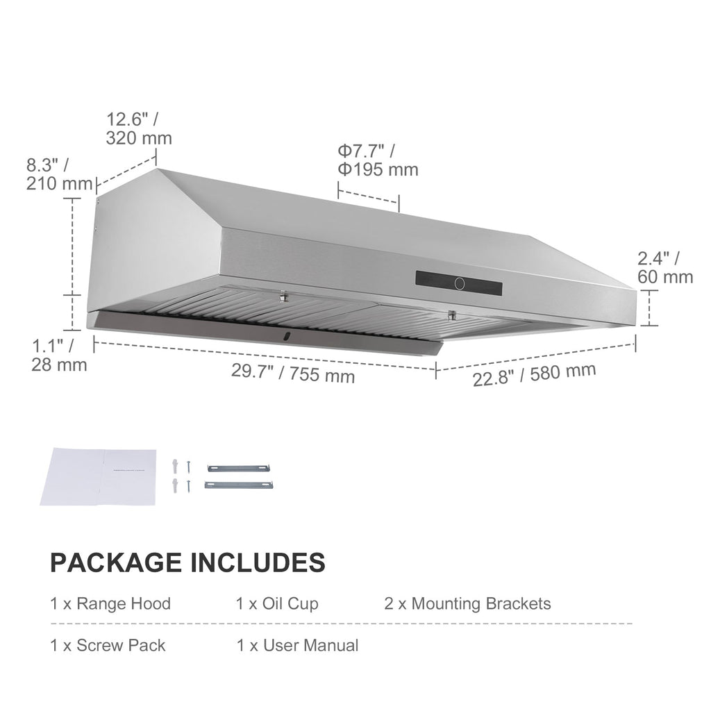 Under Cabinet Range Hood, Dual Motors Ductless Kitchen Stove Vent, Stainless Steel Permanent Filter with 3-Speed Exhaust Fan, 2 Baffle Filters, LED Lights, Touch Control Panel, Silver (30 inch)
