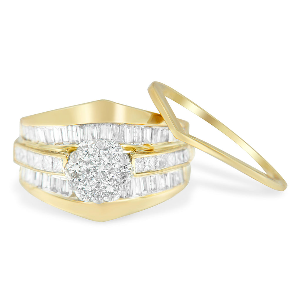 14K Yellow Gold 2-1/3 Cttw Diamond Cluster Channel Set Chevron Shaped Band Engagement Ring & Wedding Band Set