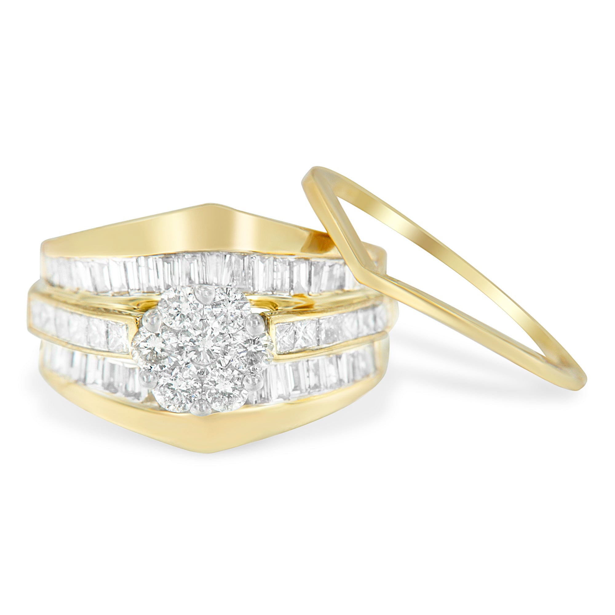 14K Yellow Gold 2-1/3 Cttw Diamond Cluster Channel Set Chevron Shaped Band Engagement Ring & Wedding Band Set