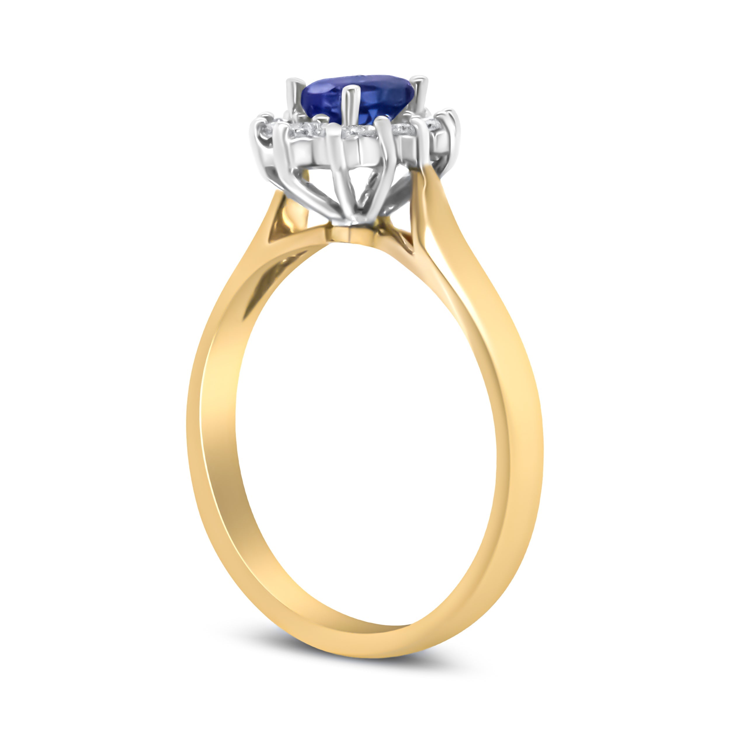 14K Yellow Gold 1/5 Cttw Round Diamond and 6x4mm Oval Blue Tanzanite Halo Ring (H-I Color, I1-I2 Clarity) - Size 7.75