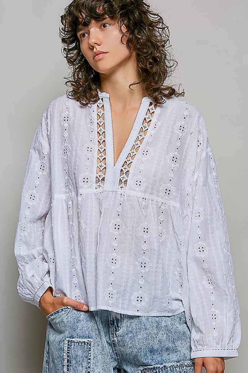 POL Lace Eyelet Long Sleeve Cotton Blouse