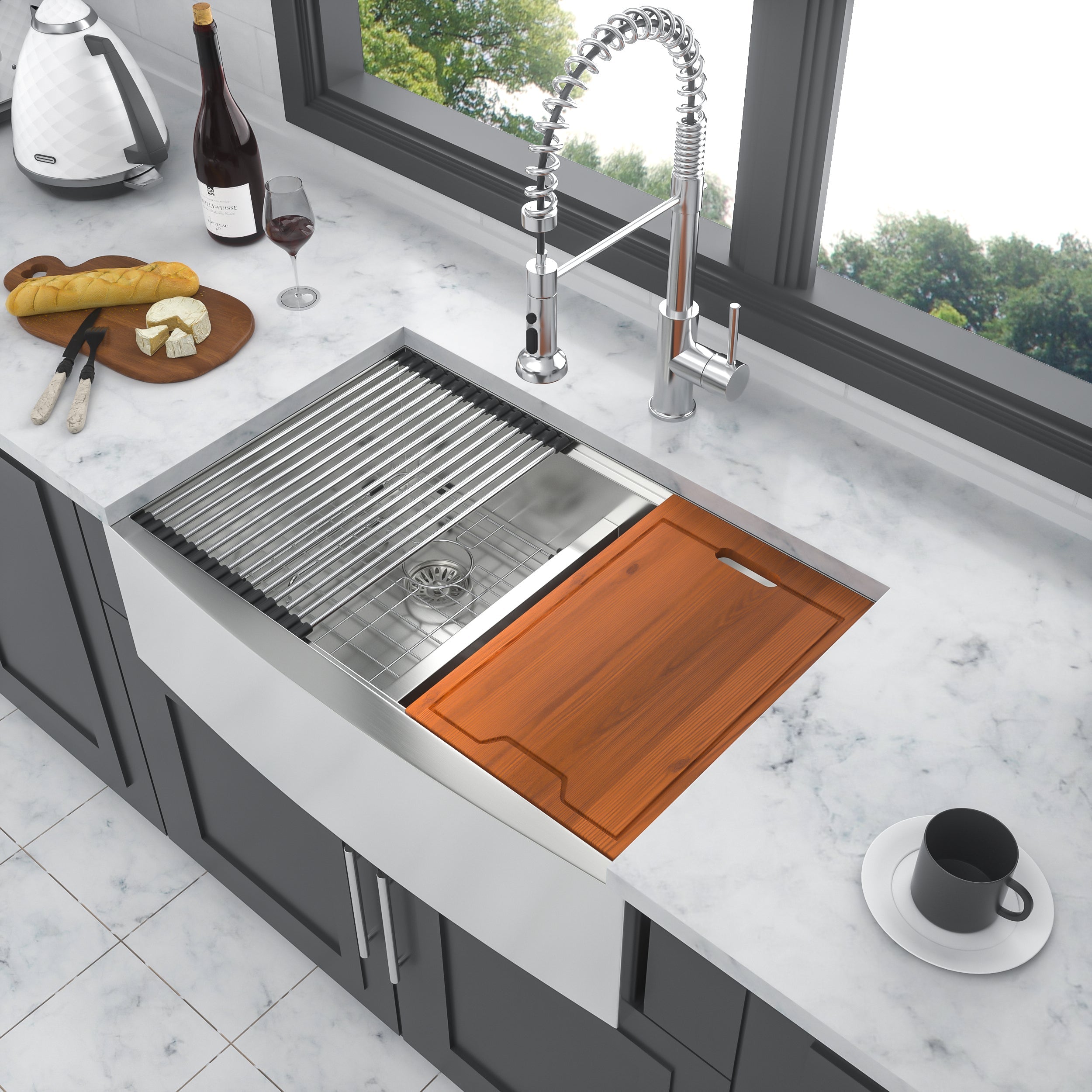 Farmhouse Double Bowl Workstation Kitchen Sink - 33 Inch Stainless Steel 16 Gauge Apron Front, Brushed Nickel Finish