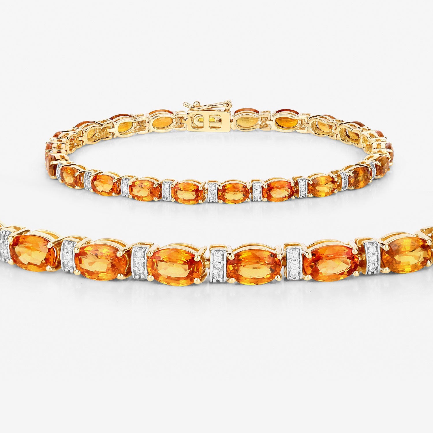 12.33 Carat Genuine Orange Sapphire and White Diamond 14K Yellow Gold Bracelet