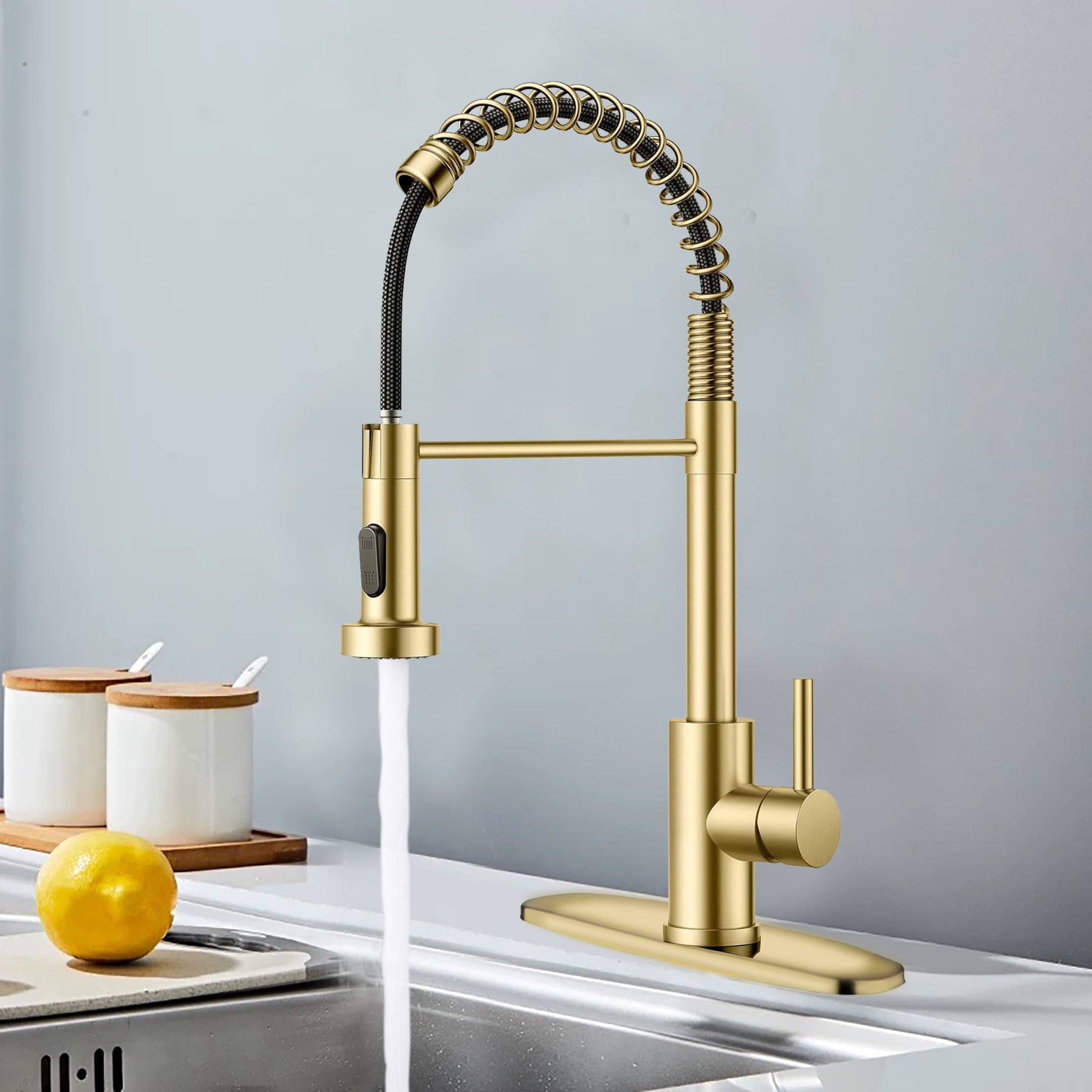 Kitchen Faucet with Pull Down Sprayer Industrial 1 Handle 1 Hole Or 3 Hole Faucet for Farmhouse Camper Laundry Utility Rv Wet Bar Sinks, Stainless Steel, Brushed Gold