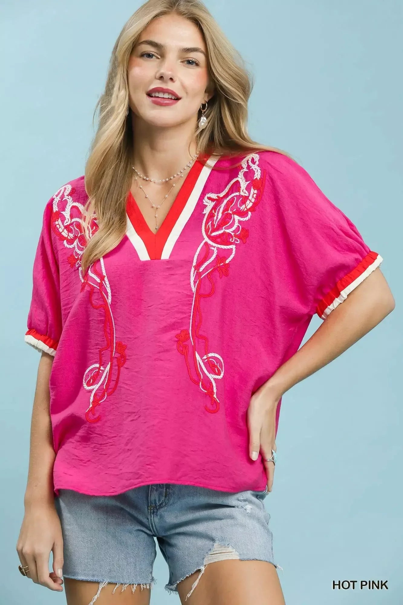 Umgee Embroidered Floral V-Neck Short Sleeve Blouse with Contrast Trim