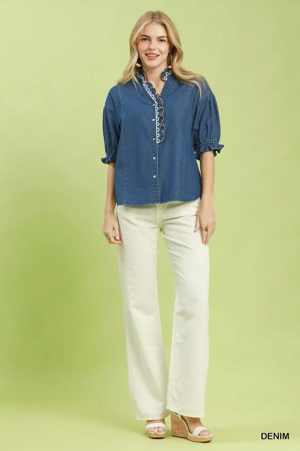 Umgee Chambray Scalloped Trim Button Front Blouse