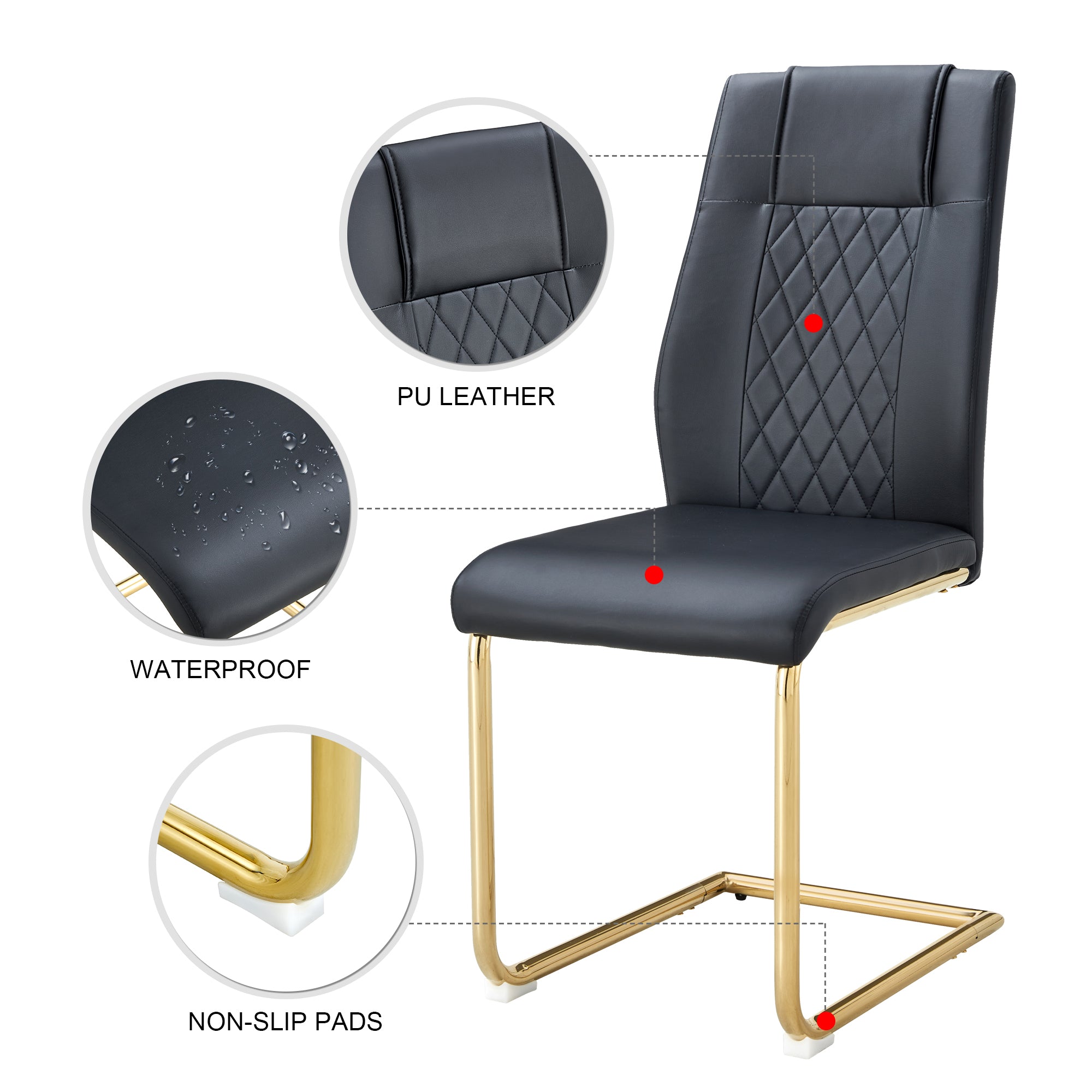 Modern dining chairs with faux leather padded seats, dining room chairs, gold metal leg upholstered chairs, suitable for kitchens, living rooms, bedrooms, and offices, set of 6 (black+PU leather)C-001