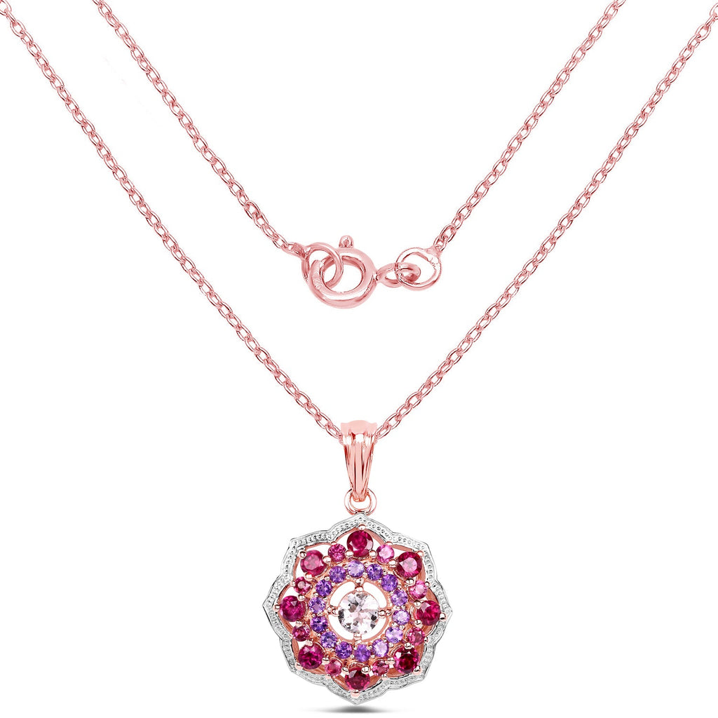 14K Rose Gold Plated 2.30 Carat Genuine Morganite, Rhodolite and Amethyst .925 Sterling Silver Pendant