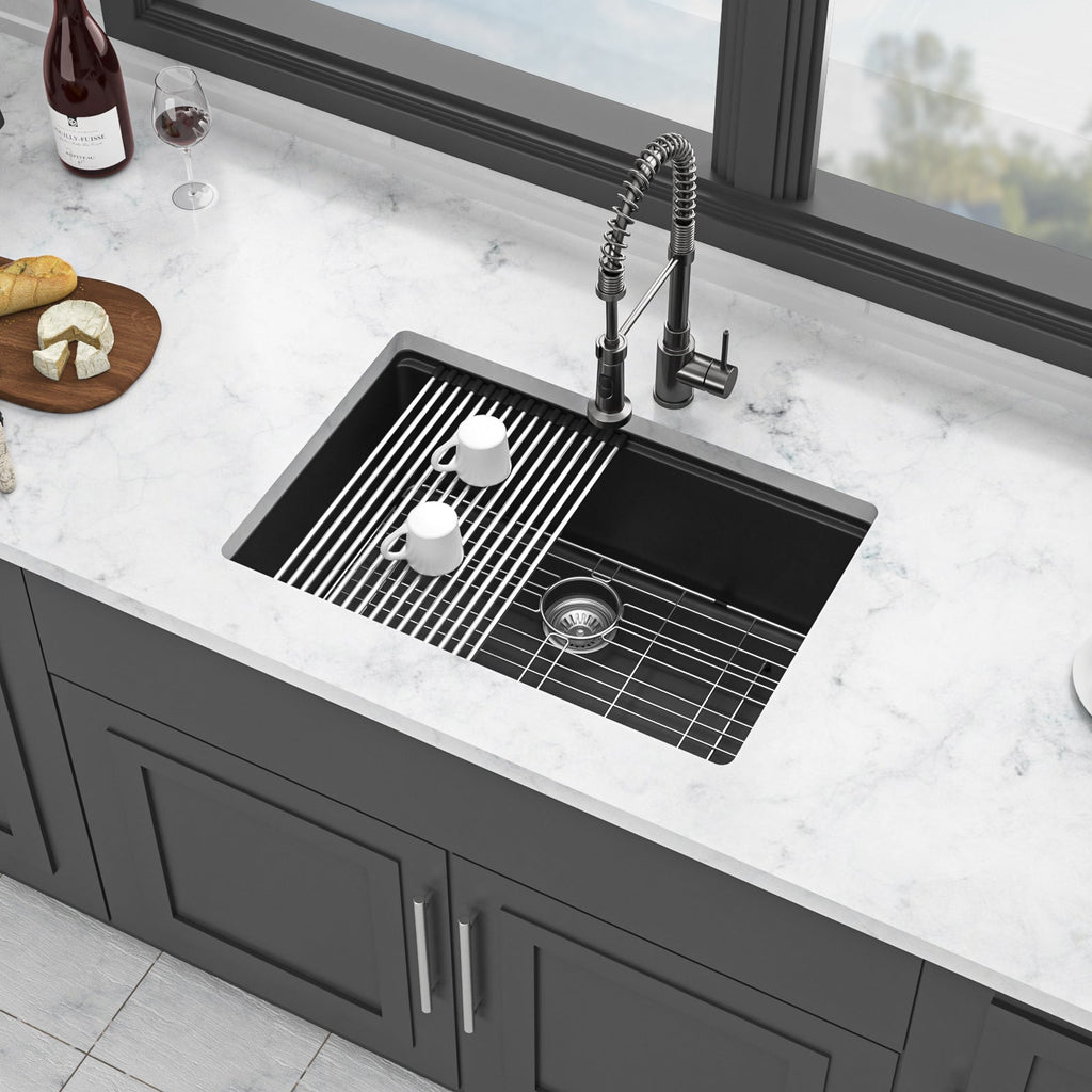 Quartz Kitchen Sink - 28' x 19' Black Granite Composite Workstation Undermount