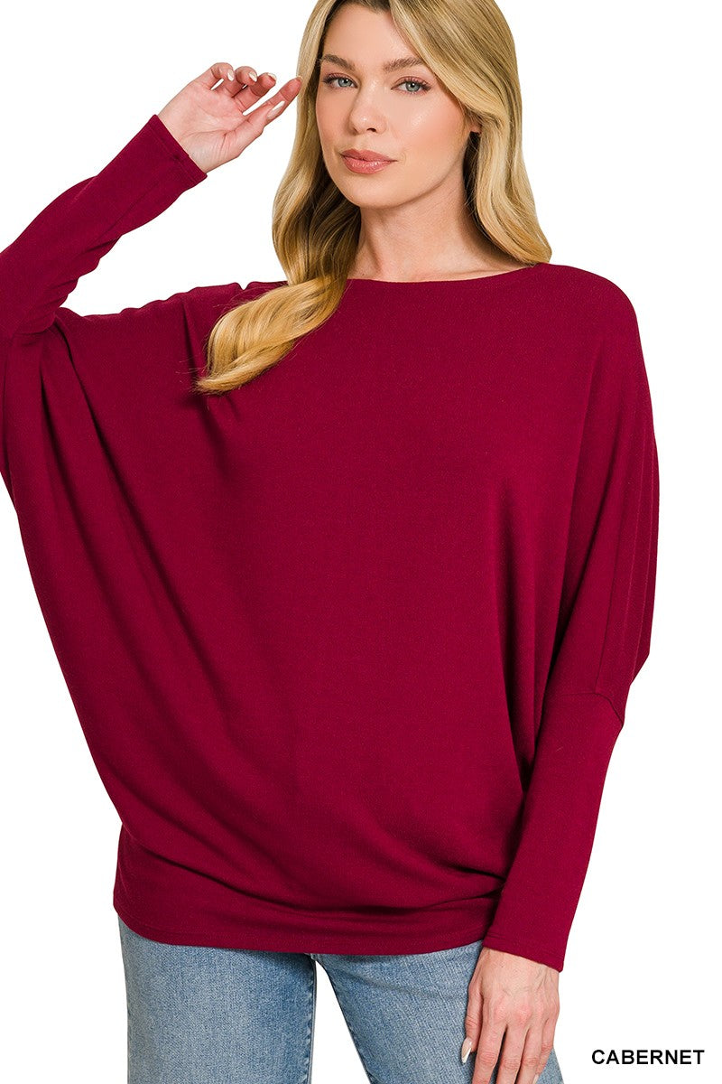 Zenana Hacci Dolman Sleeve Boat Neck Top