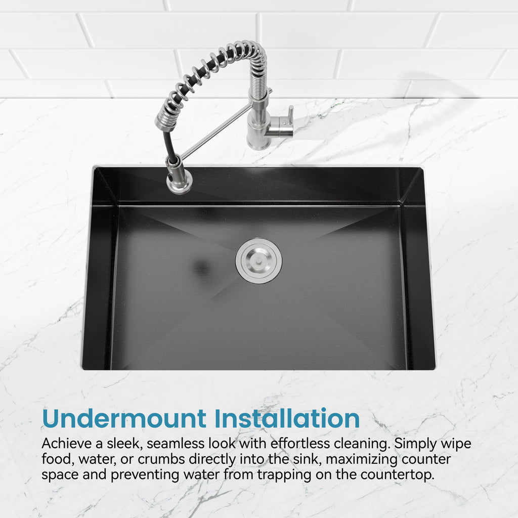 Stainless Steel Kitchen Sink, 27″x19″ Single Bowl, Undermount Handmade Sink in Black, with US Standard Drain and Hook