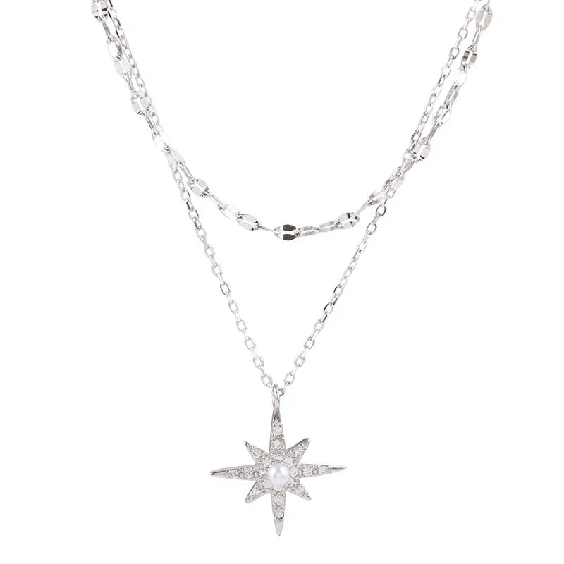 Stars, Moon, Six-pointed Star Double Necklace Female Sterling Silver Clavicle Chain