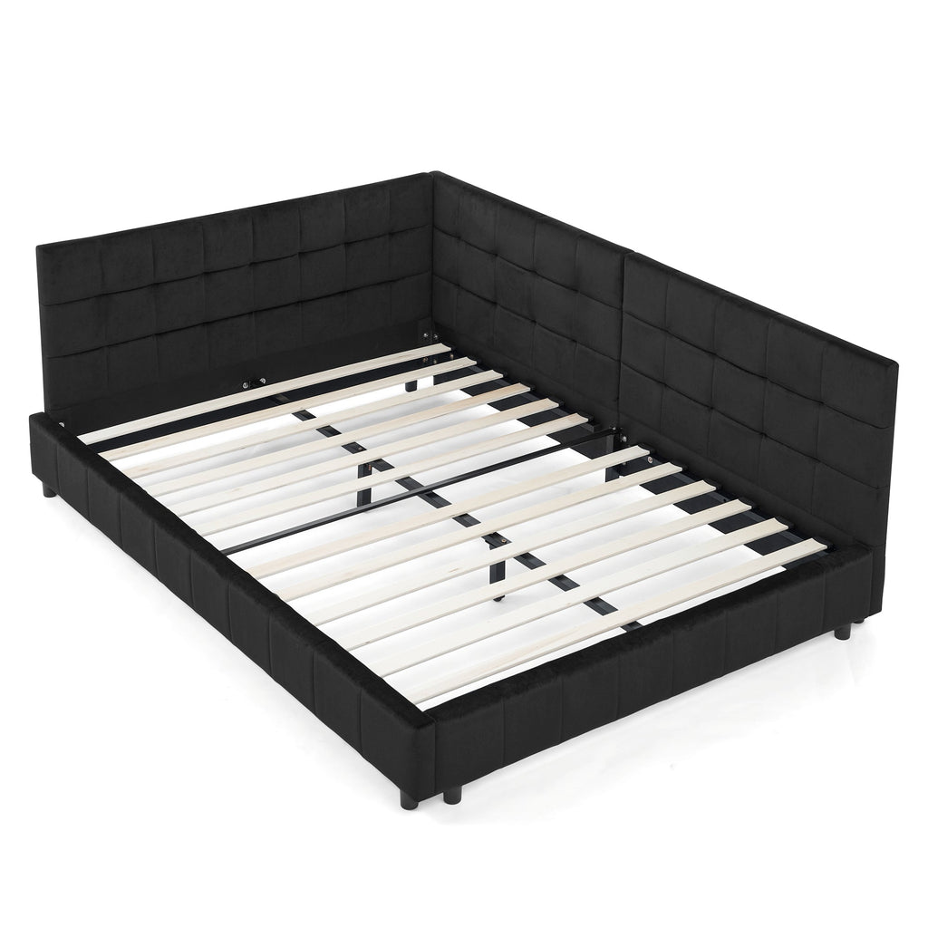 Mid-Century Full Size Upholstered Tufted Bed Frame with Comfortable Backrest and Armrests, Velvet, Black