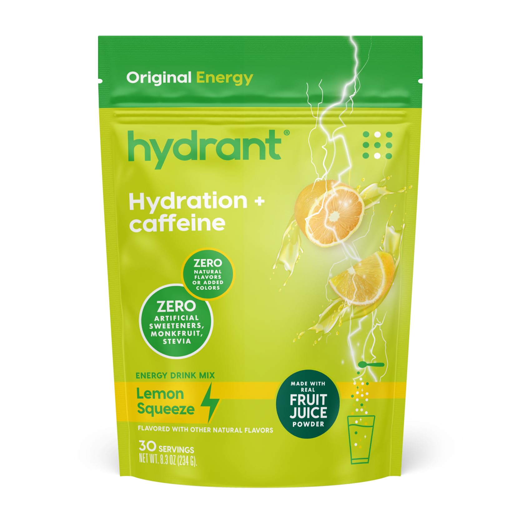 HYDRANT Energy Bulk Electrolyte Drink Mix Caffeine & L-Theanine Rapid Hydration Mix with Real Fruit Juice Powder Sweetened with Cane Sugar (30 Servings Lemon Squeeze)