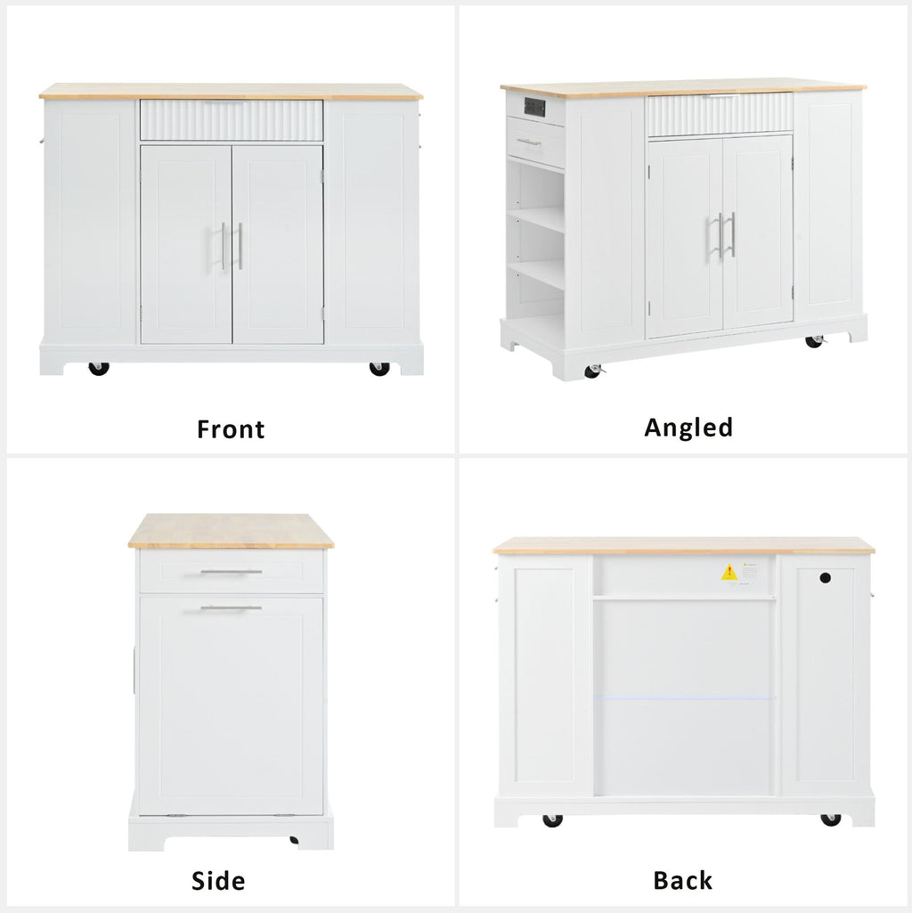 K&K Fluted Kitchen Island with Trash Can Storage Cabinet, Power Outlet, Internal Storage Rack, Rolling Kitchen Islands on 5 Wheels with 3 Drawer, 3 Open Side Racks for 10 Gallon Garbage Bin, White