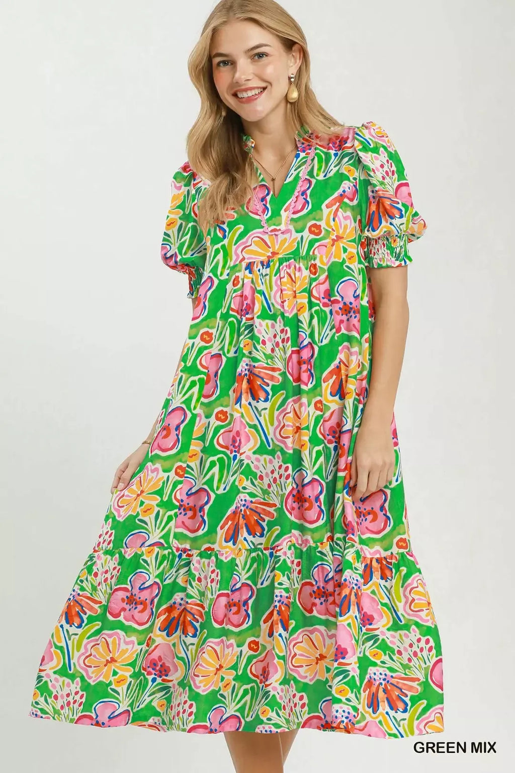 Umgee Floral Print Puff Sleeve Tiered Midi Dress