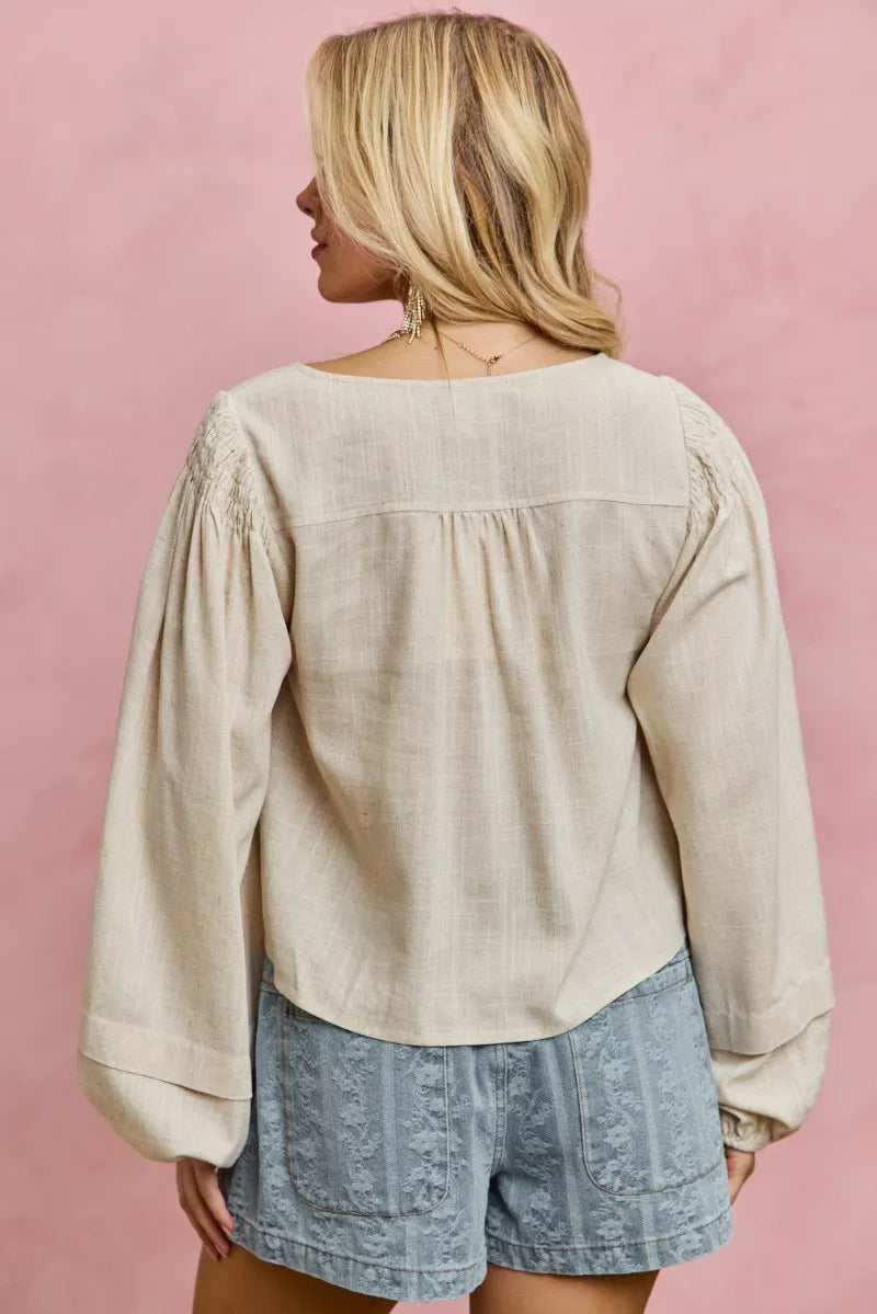 SO ME Linen Blend Woven Long Sleeve With Smocking Top