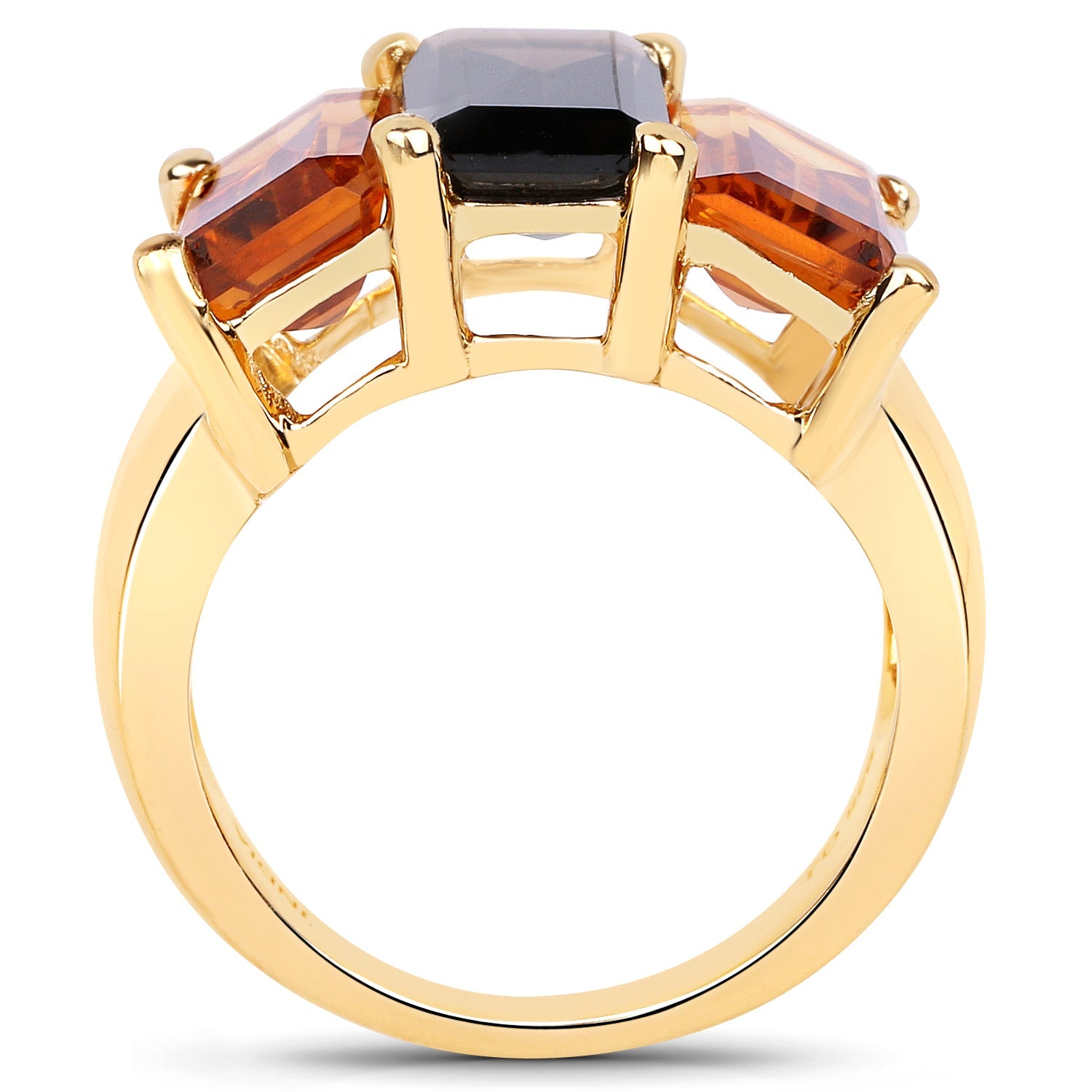 14K Yellow Gold Plated 8.14 Carat Genuine Smoky Quartz, Citrine and Champagne Quartz .925 Sterling Silver Ring