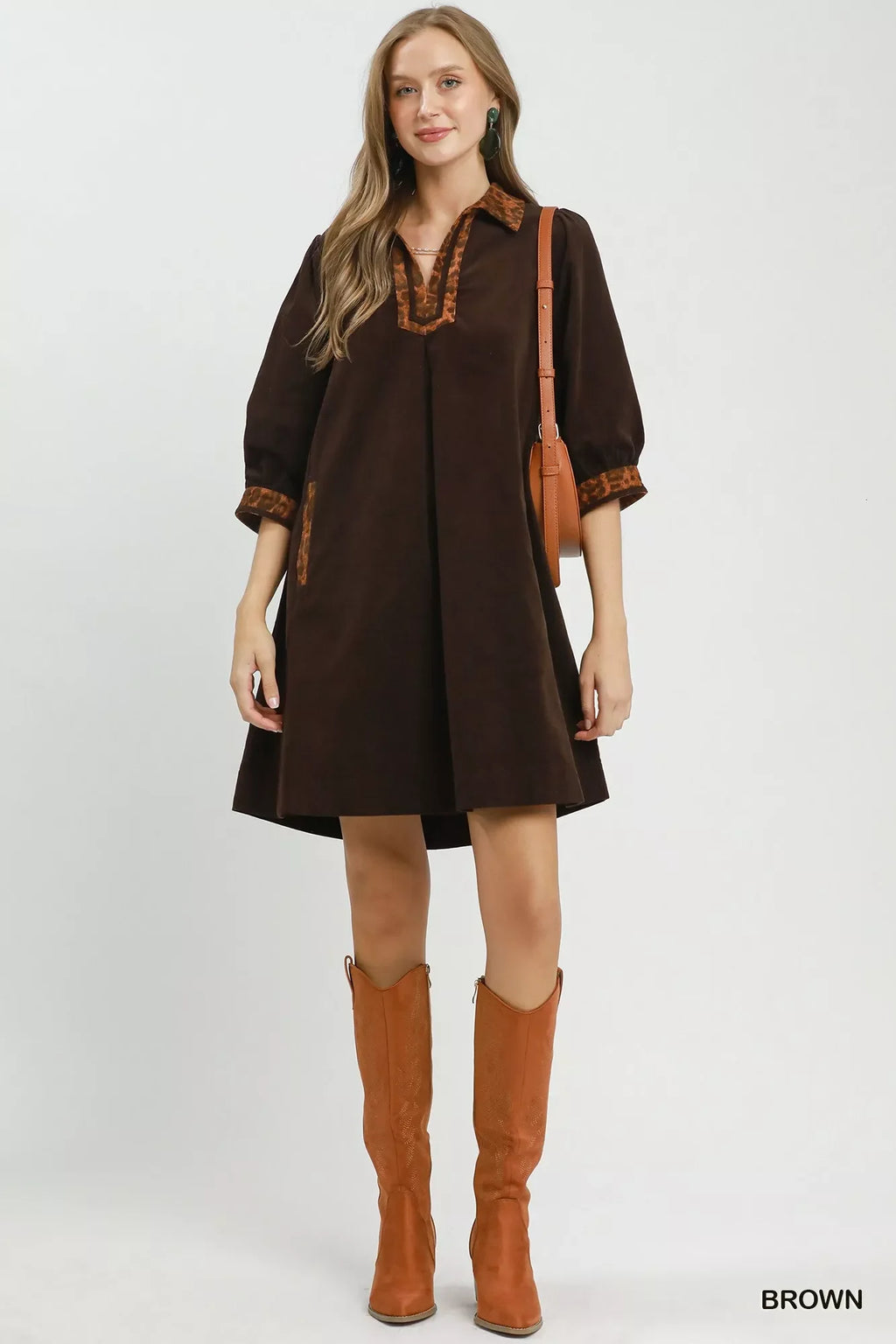 Umgee V-Neck Shift Dress with Contrast Trim