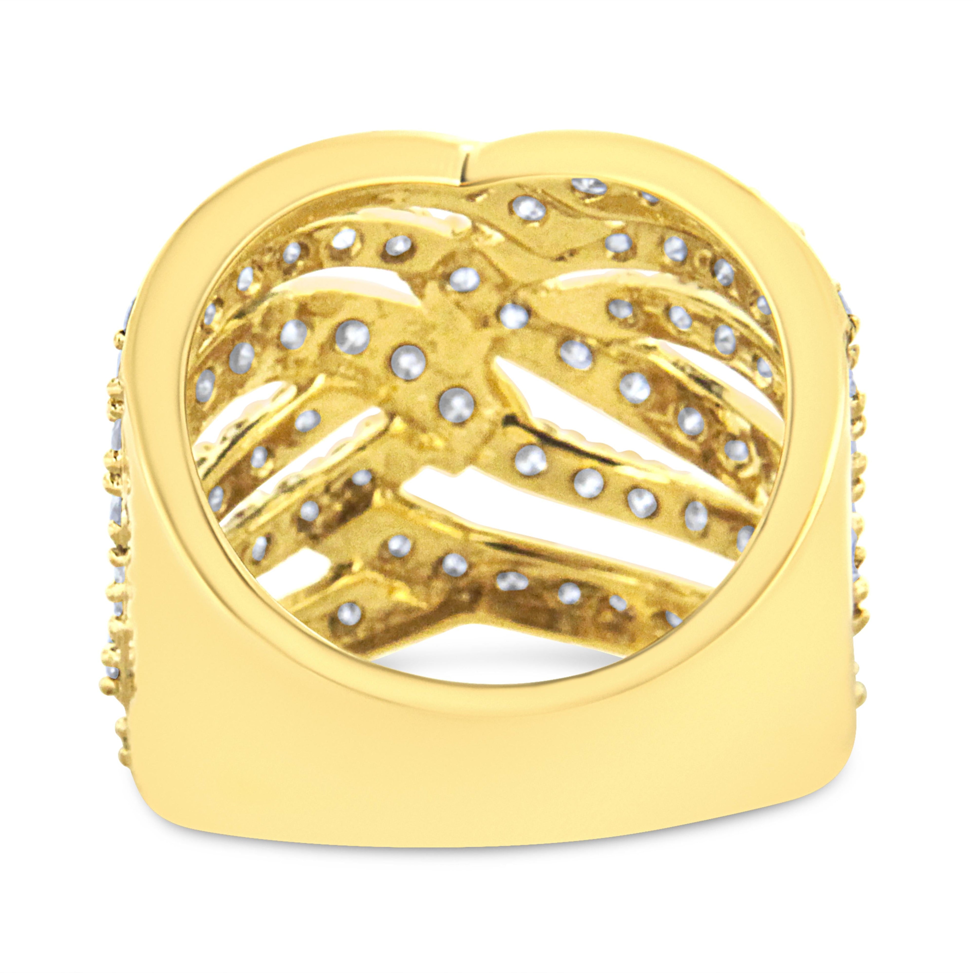 10K Yellow Gold 3.00 Cttw Diamond Multi Row Bypass Wave Cocktail Band Ring (J-K Color, I1-I2 Clarity) - Size 7