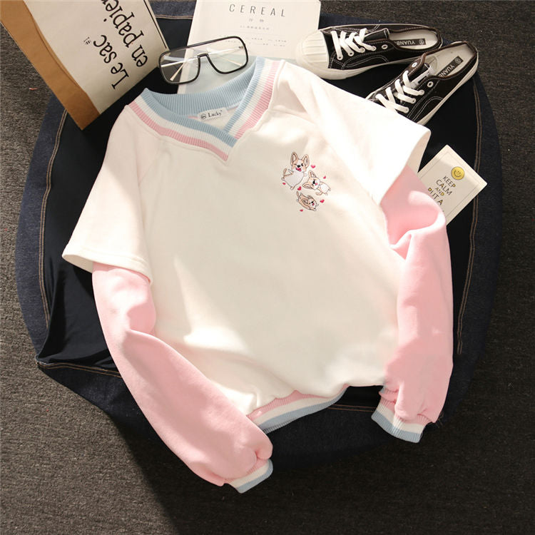 V-Neck Sweater with College Stitching Two-Piece Design
