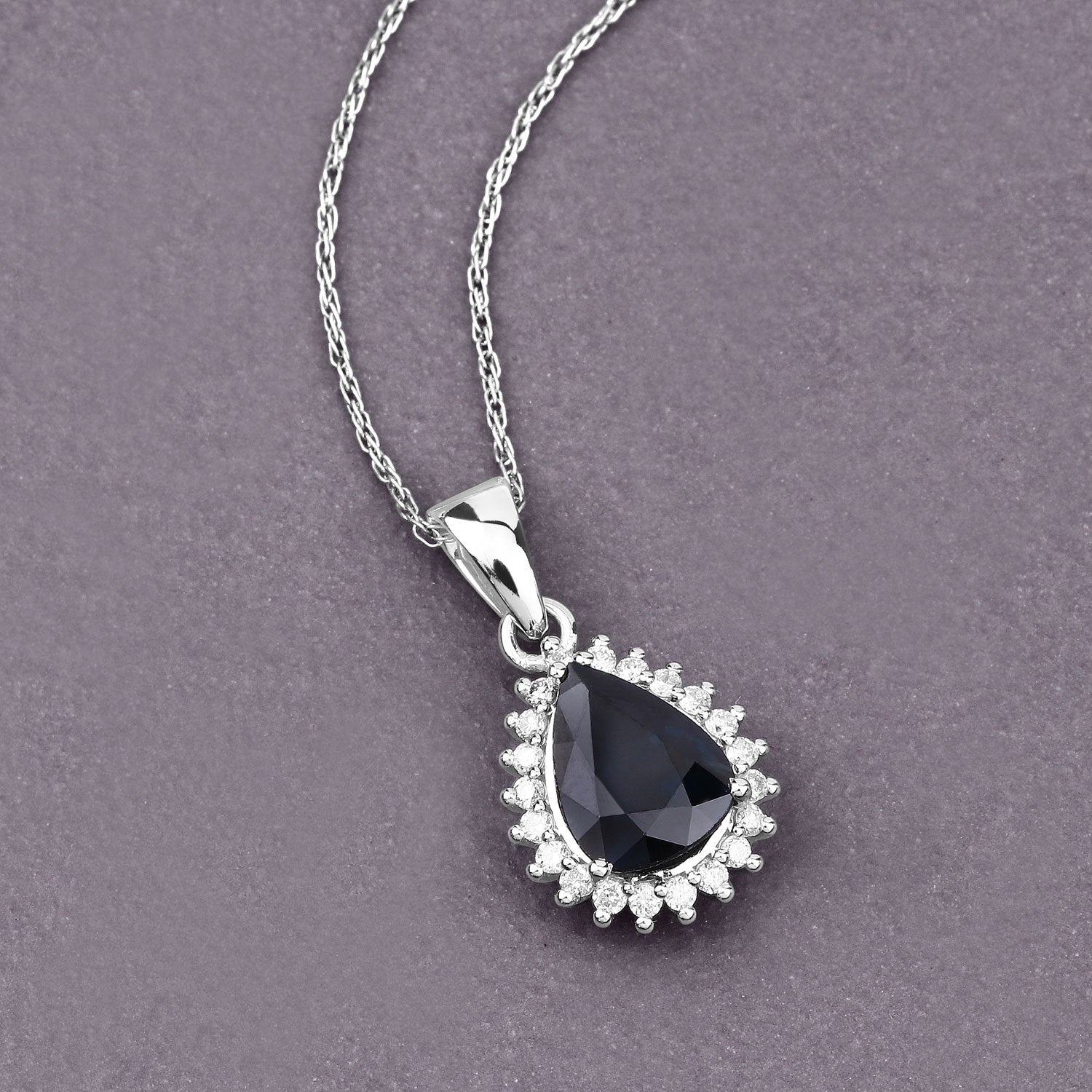 2.09 Carat Genuine Blue Sapphire and White Diamond 14K White Gold Pendant