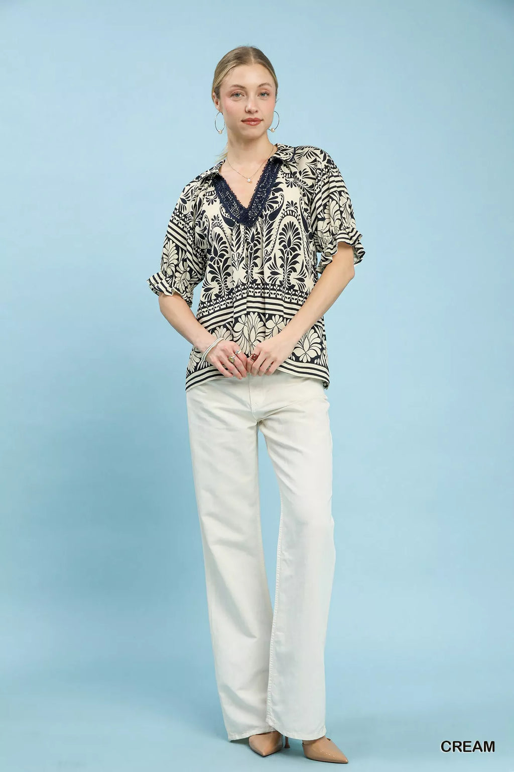 Umgee Two Tone Boarder Print Top