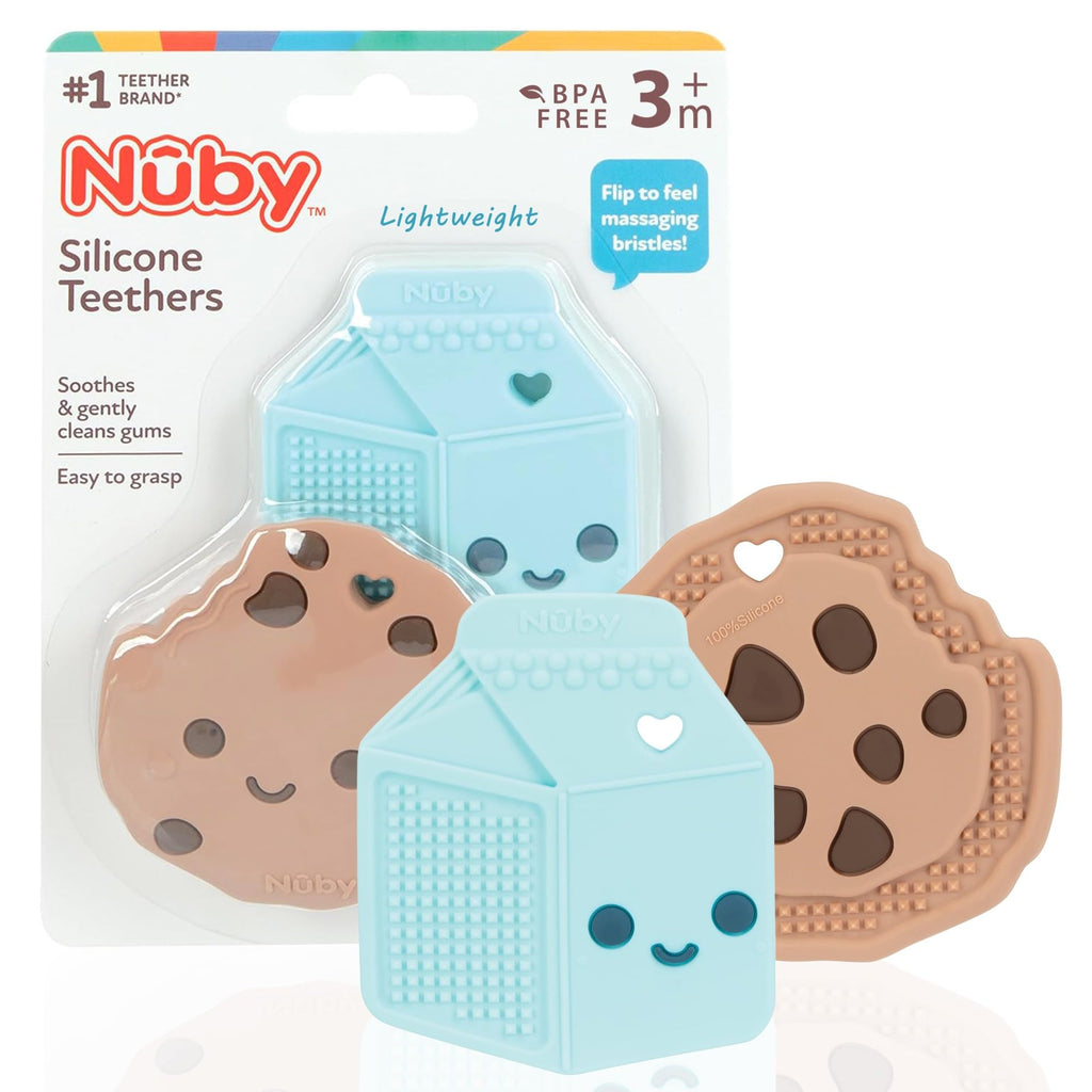 Nuby All Silicone Chocolate Chip Cookie & Milk Carton Teether – 2 Pack 3+ Months