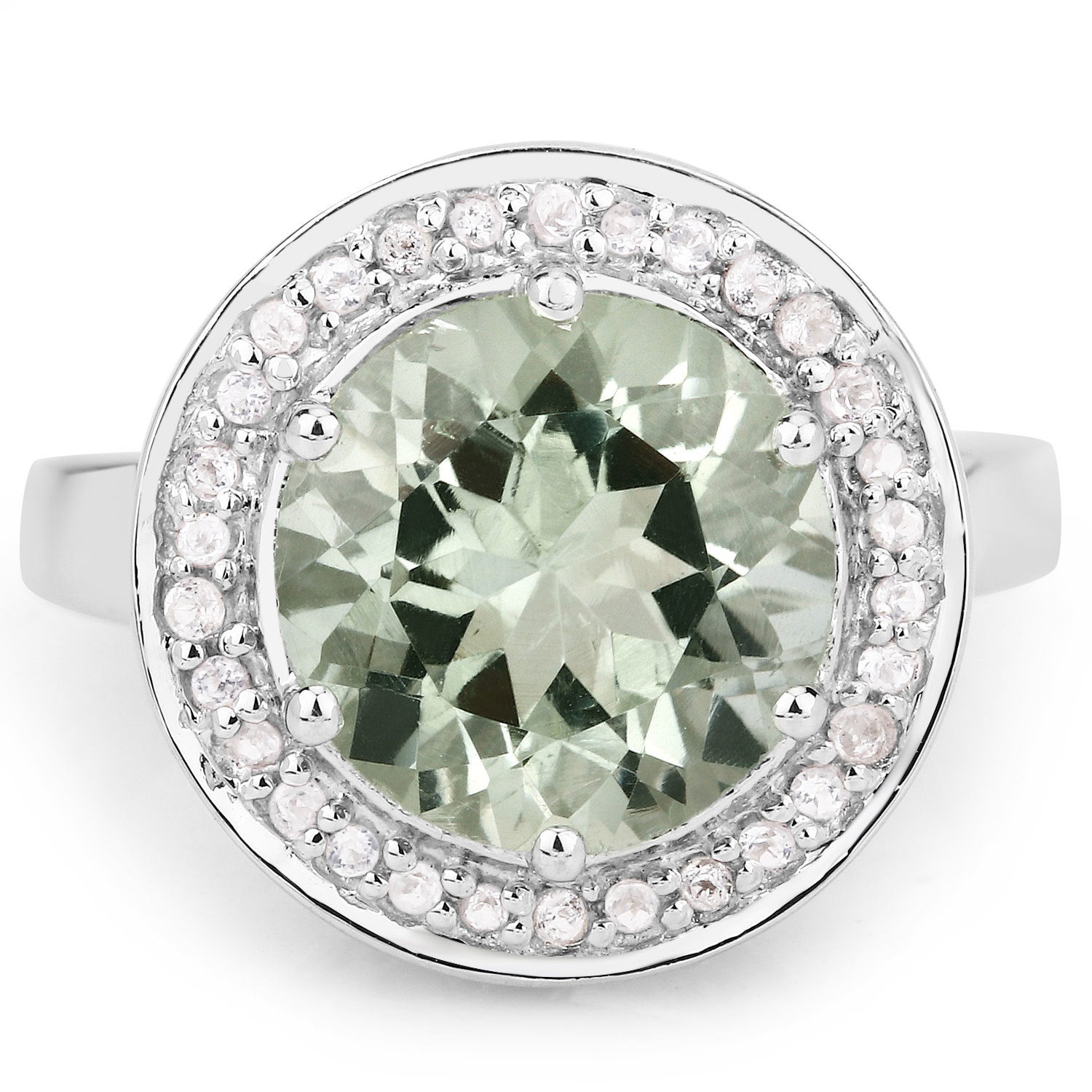 4.94 Carat Genuine Green Amethyst and White Topaz .925 Sterling Silver Ring