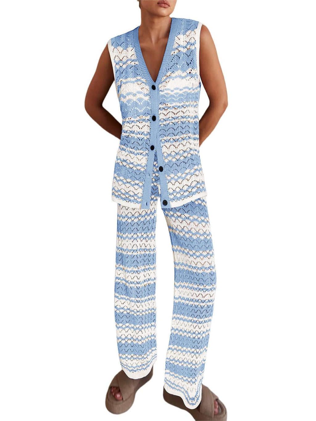 Imily Bela Womens Knit 2 Piece Sets Summer Outfits Sleeveless Vest Tops Wide Leg Pants Striped Loungewear Set