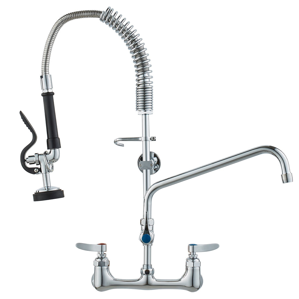 Commercial Faucet with Pre-Rinse Sprayer, 25' Height, 8' Center, 12' Swing Spout, Wall Mount Kitchen Sink Faucet, Brass Constructed Device with Pull Down Spray, for 1/2/3 Compartment Sink
