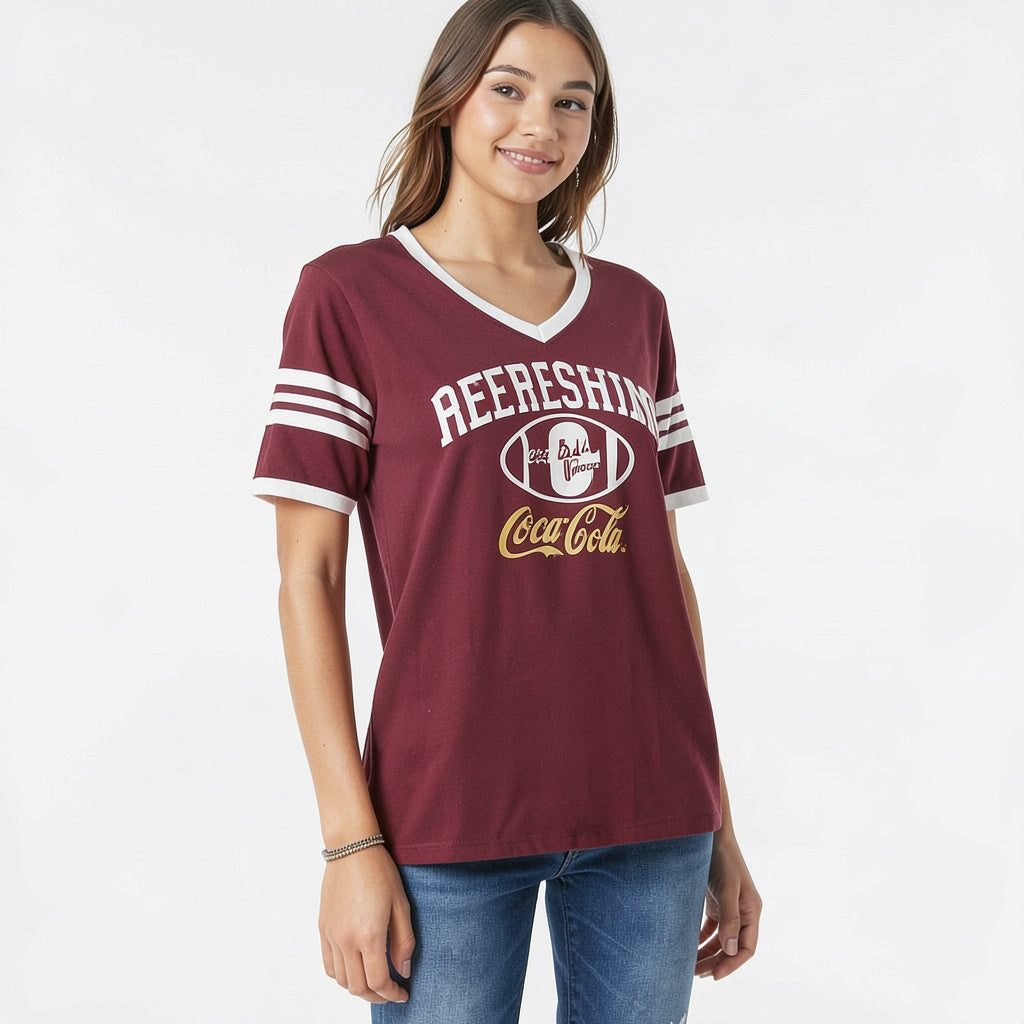 Freeze 24-7 Juniors Coca-Cola-Graphic Varsity T-Shirt, Burgundy, Size Medium