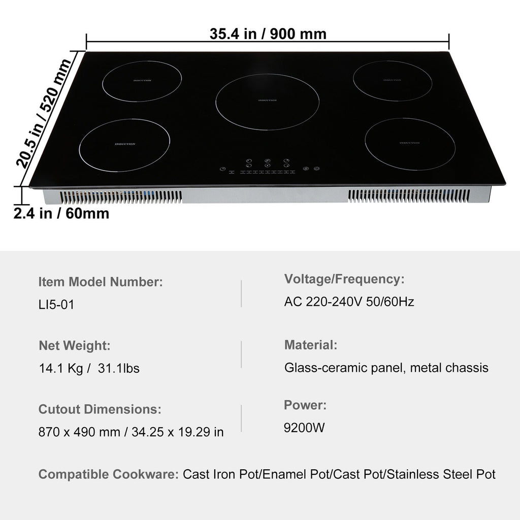 Electric Cooktop, 5 Burners, 36'' Induction Stove Top, Built-in Magnetic Cooktop 9200W, 9 Heating Level Multifunctional Burner, LED Touch Screen w/ Child Lock & Over-Temperature Protection