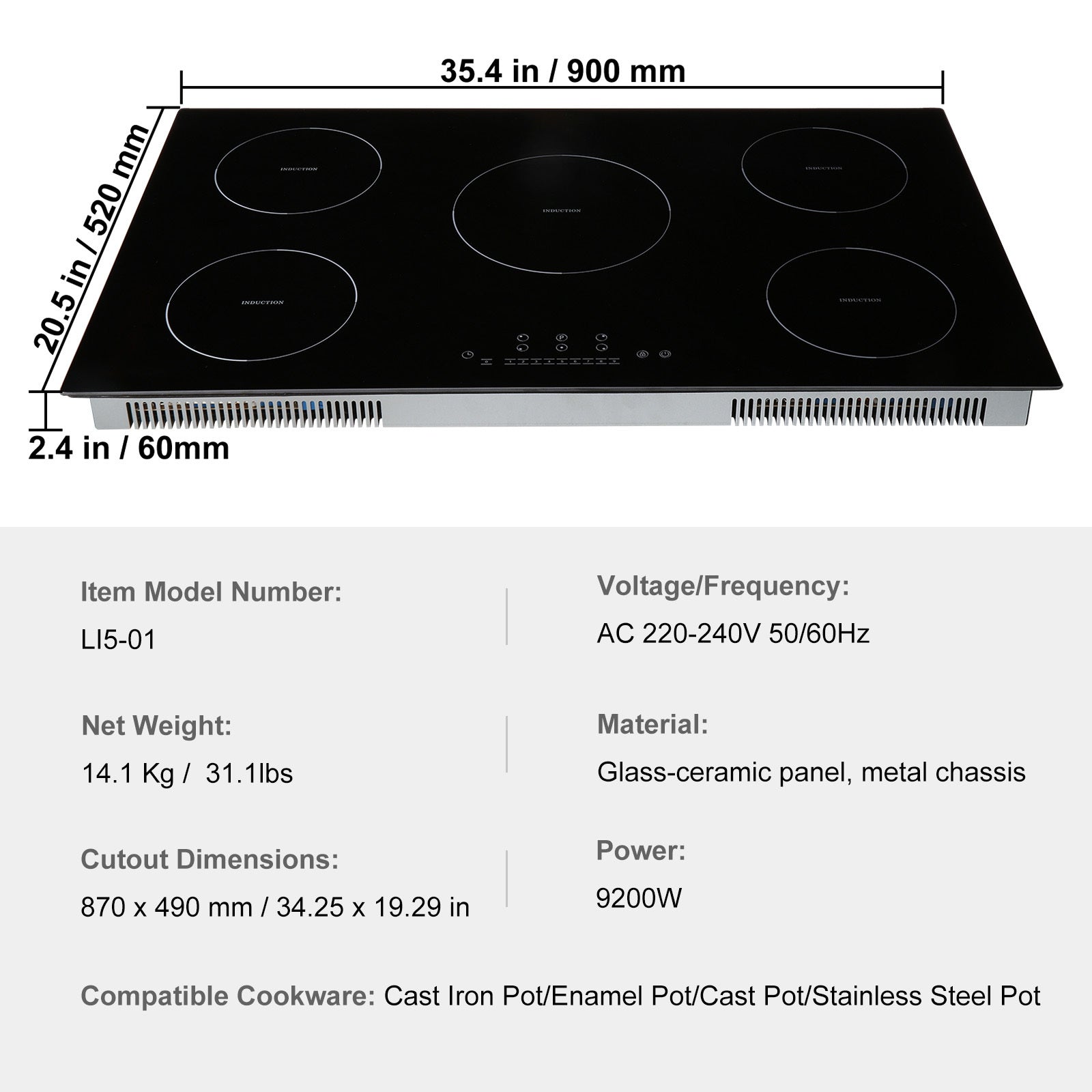 Electric Cooktop, 5 Burners, 36'' Induction Stove Top, Built-in Magnetic Cooktop 9200W, 9 Heating Level Multifunctional Burner, LED Touch Screen w/ Child Lock & Over-Temperature Protection
