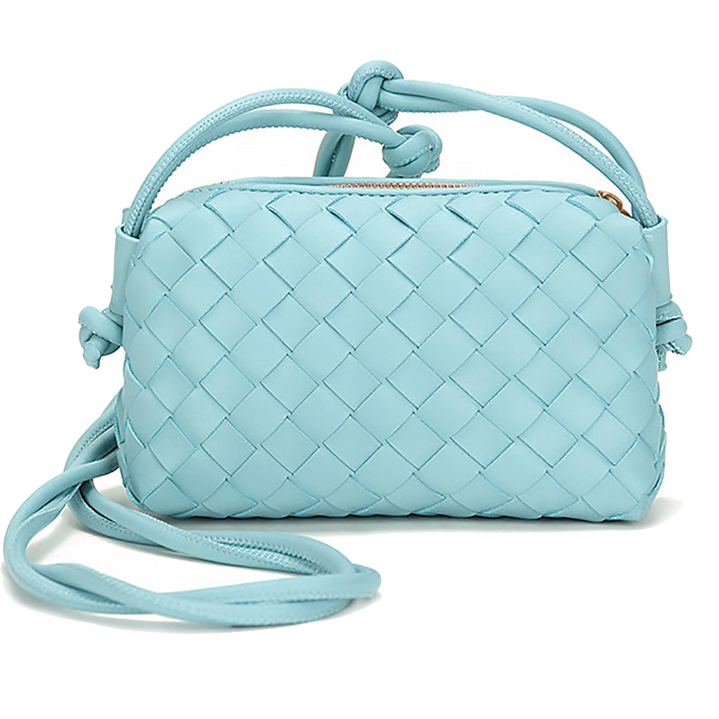 Woven Crossbody Bags For Women Small Handmade Purse Clutch Shoulderbag Handbag Zipper Closure (Sky Blue)