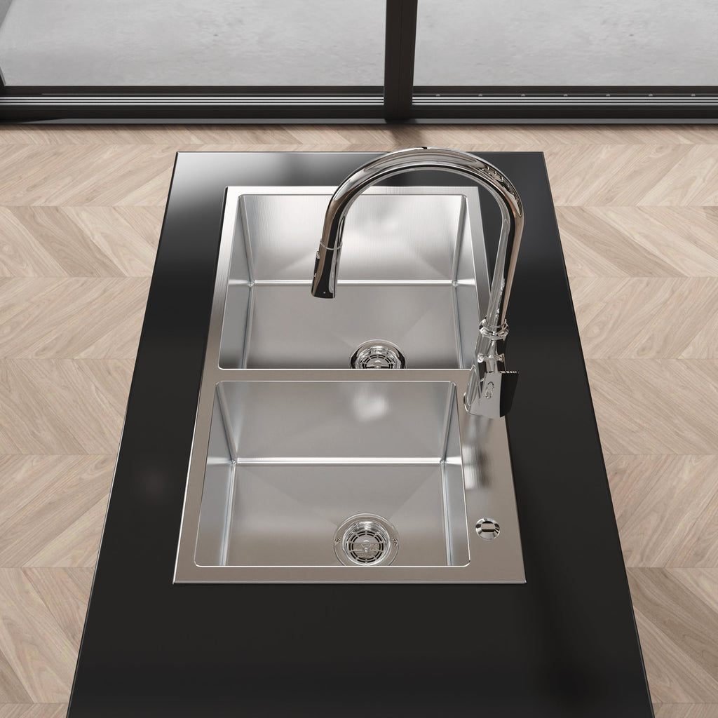 Stainless Steel Kitchen Sink, 32″x19″ Double Bowl in Brushed Nickel, Overmount Handmade Sink, with US Standard Drain and Hook, LS-SSBR03