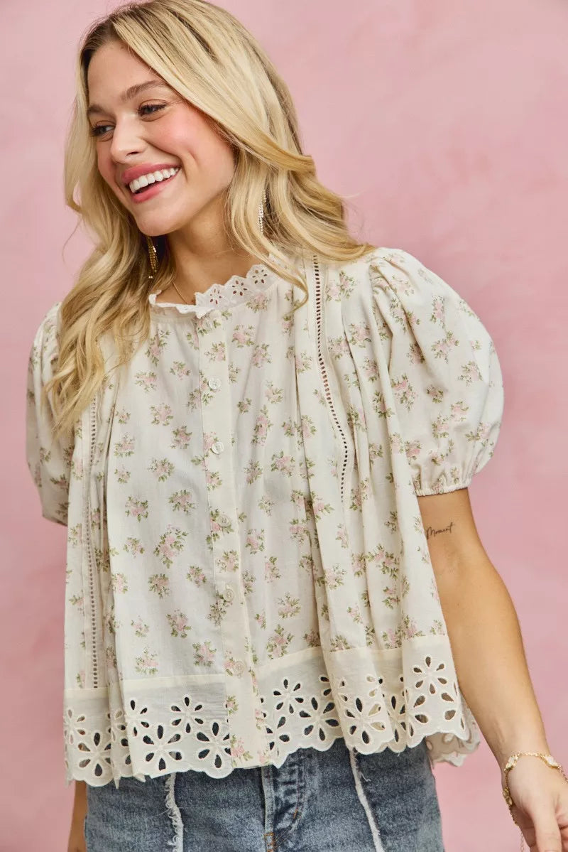 SO ME Floral Print Lace Trim Short Sleeves Blouse