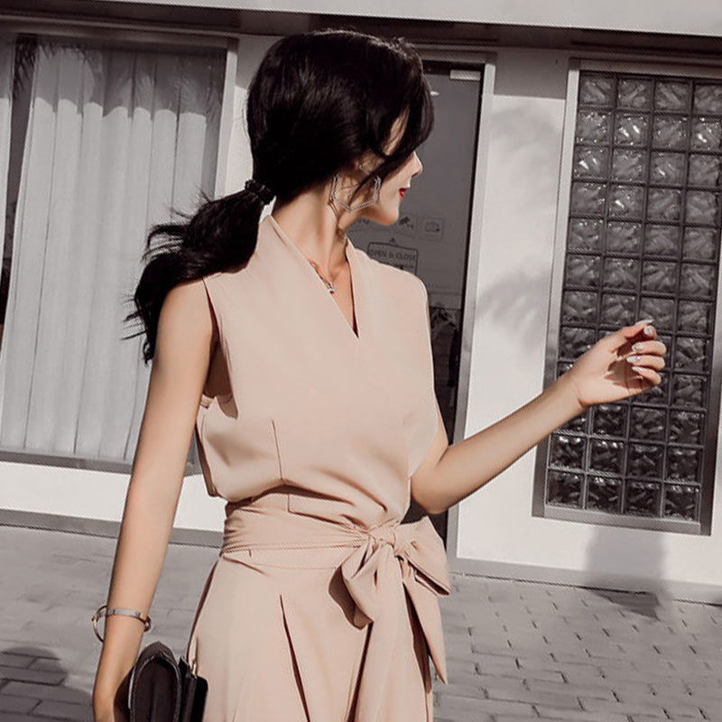 Chicever Women's V-Neck Wide-Leg Jumpsuit with Bow