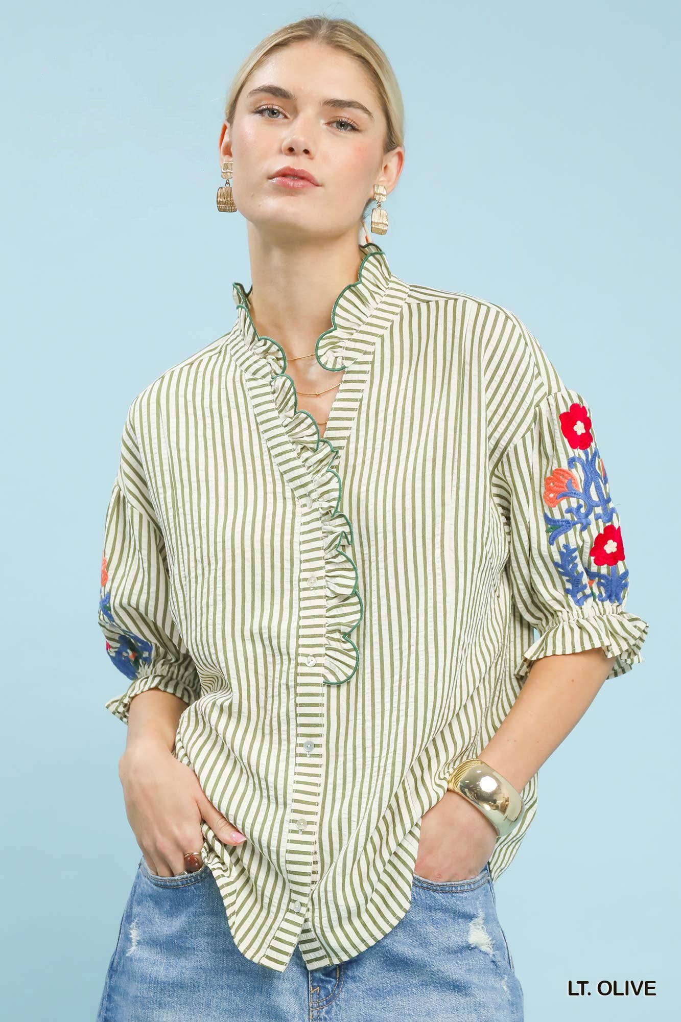 Umgee Embroidered Ruffle Trim Stripe Blouse