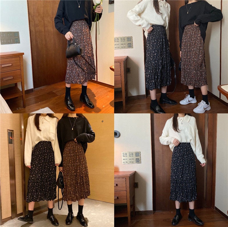 Korean Style Pleated Floral Skirt for Women