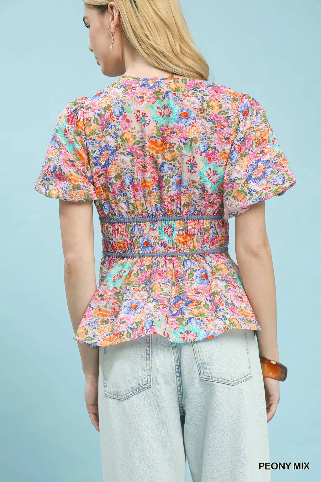 Umgee Mix Floral Smocked Waist Blouse