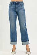 RISEN Full Size 4 Way Stretch Slouchy Straight Jeans with Cuffed Hem Plus Size
